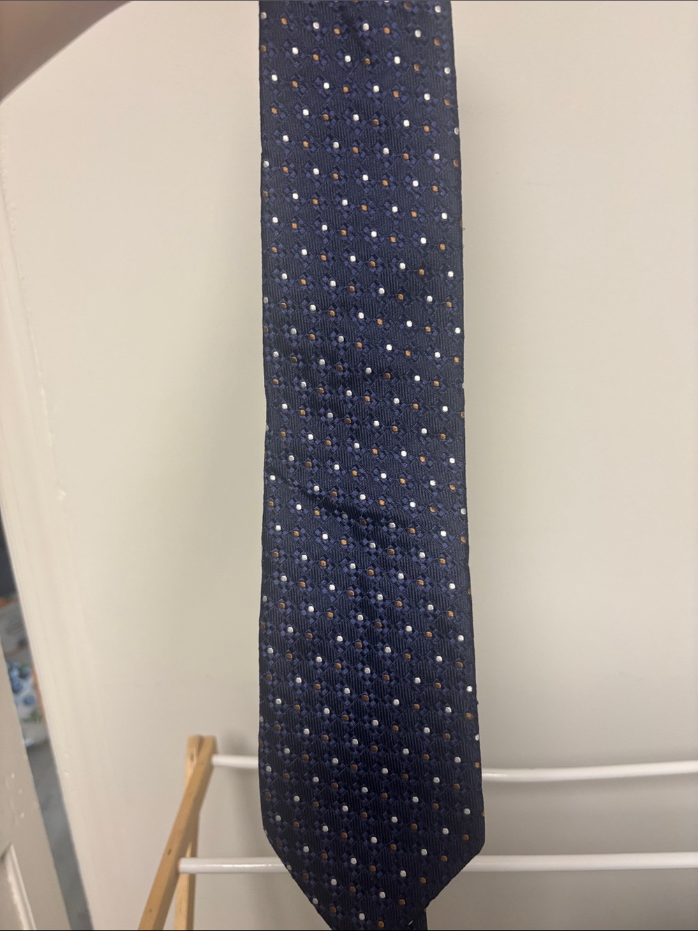 Like new! Canali Navy Tie with Small White and Gold Dots! Gorgeous silk! $398!